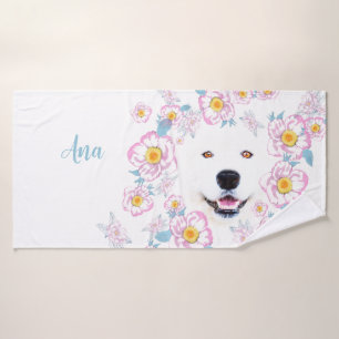 Dog Samoyed and pink flowers, customized name Bath Towel Set
