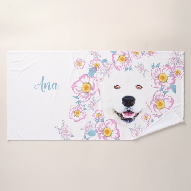Dog Samoyed and pink flowers, customized name Bath Towel Set (Bath Towel)