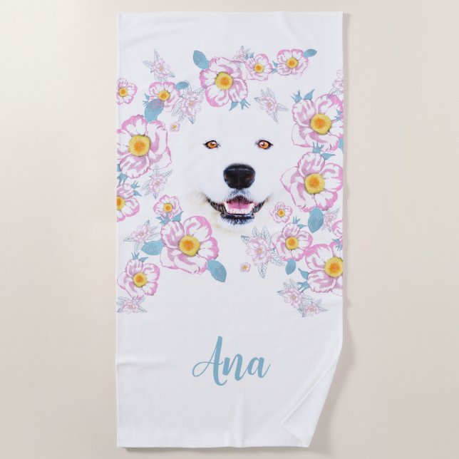 Dog Samoyed and pink flowers, customized name Beach Towel (Front)