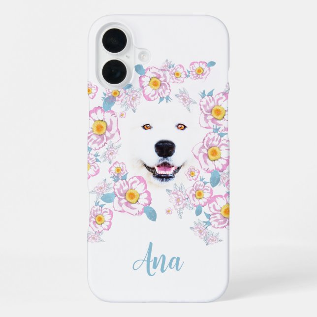 Dog Samoyed and pink flowers, customized name iPhone Case (Back)