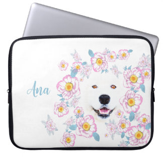 Dog Samoyed and pink flowers, customized name Laptop Sleeve