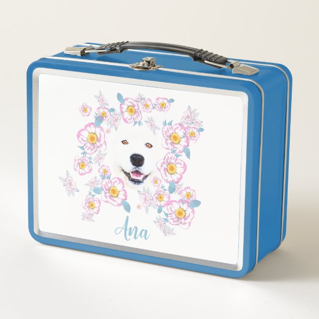 Dog Samoyed and pink flowers, customized name Metal Lunch Box (Front)
