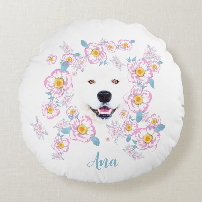 Dog Samoyed and pink flowers, customized name Round Cushion (Front)