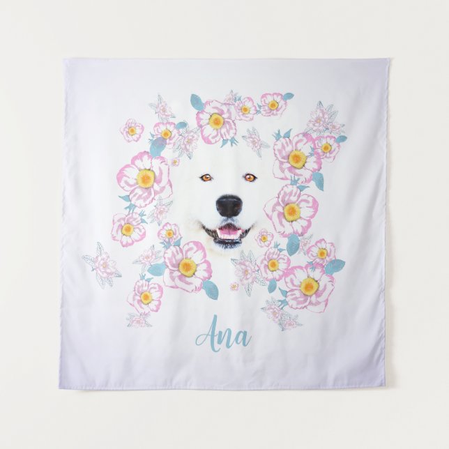 Dog Samoyed and pink flowers, customized name Tapestry (Front)