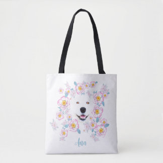 Dog Samoyed and pink flowers, customized name Tote Bag