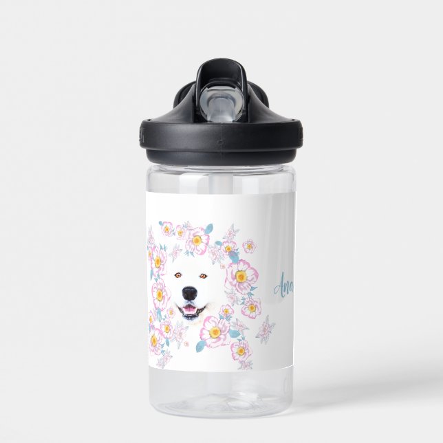 Dog Samoyed and pink flowers, customized name Water Bottle (Front)