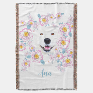 Dog Samoyed and pink flowers  Throw Blanket