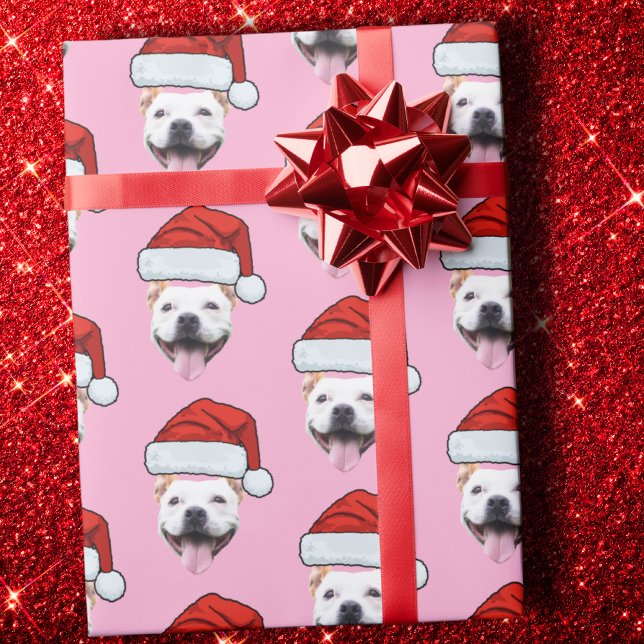 Dog Santa Hat | Custom Face Photo Pink Christmas Wrapping Paper (Creator Uploaded)
