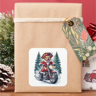 Dog Santa Riding Motorcycle Snowy Forest Square Sticker