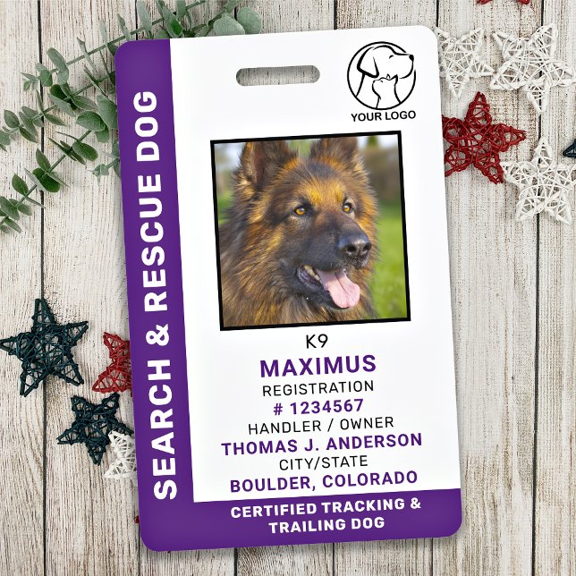 Dog Search & Rescue ID SAR K9 Custom Logo Photo ID Badge (Creator Uploaded)