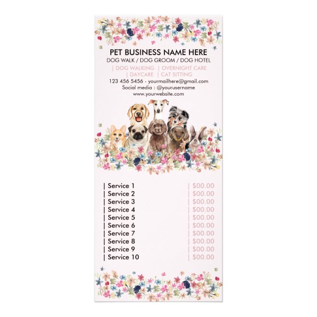 Dog services pet sitter groomer price list rack card (Front)