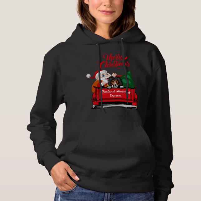 Dog Shetland Sheepdog With Santa Claus In Red Truc Hoodie (Front)