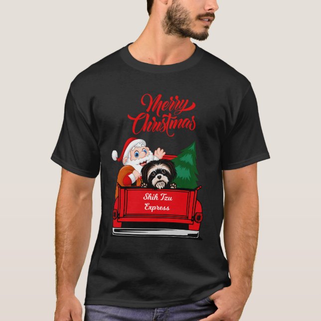 Dog Shirt Shih Tzu With Santa Claus In Red Pickup (Front)