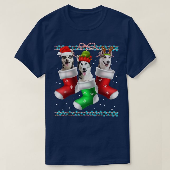Dog Siberian Husky Christmas Socks Funny Xmas Paja T-Shirt (Design Front)