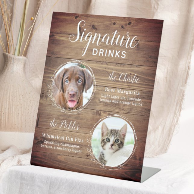 Dog Signature Drinks Pet Photo Rustic Wedding Pedestal Sign (Creator Uploaded)