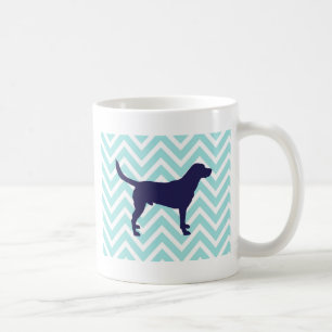 Dog Silhouette in Dark Blue on Chevron Pattern Coffee Mug
