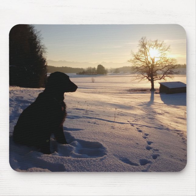 Dog Silhouette in Snowy Landscape Mouse Mat (Front)