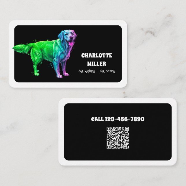 Dog Sitter Dog Walker Neon QR Business Card (Front/Back)