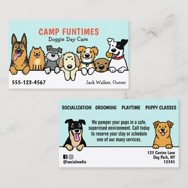 Dog Sitter Pet Sitting Cartoon Cute Peeking Dogs Business Card (Front/Back)