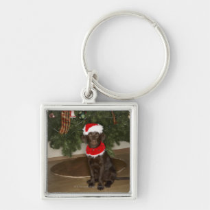 Dog sitting by a Christmas tree Key Ring