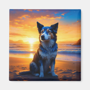 Dog sitting on Ocean Beach at Sunset Magnet