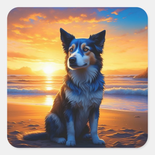 Dog sitting on Ocean Beach at Sunset Square Sticker (Front)