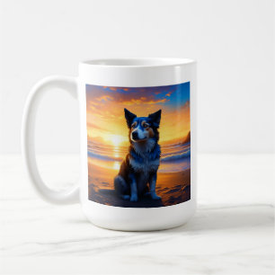 Dog sitting on Ocean Beach at Sunset with Quote Coffee Mug