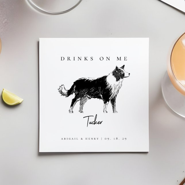 Dog Sketch Drinks on Me Pet Personalised Wedding Napkin (Creator Uploaded)