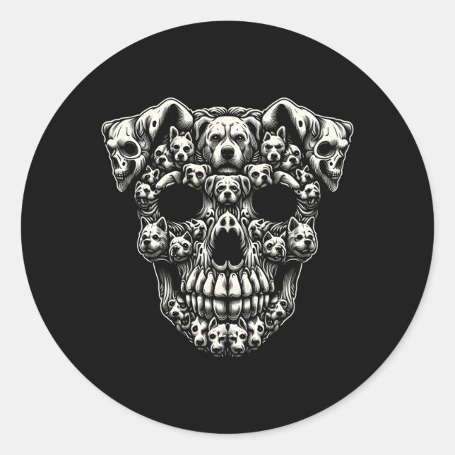 Dog Skull X-Ray Halloween Skeleton Black Long Classic Round Sticker (Front)