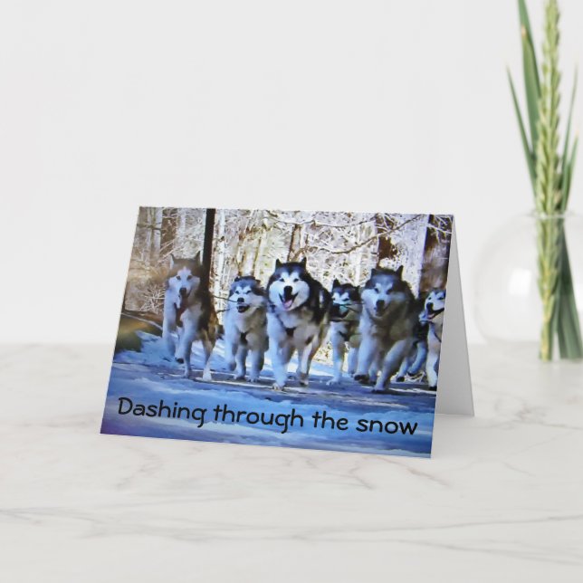DOG SLED DASHING THRU SNOW FOR CHRISTMAS HOLIDAY CARD (Front)