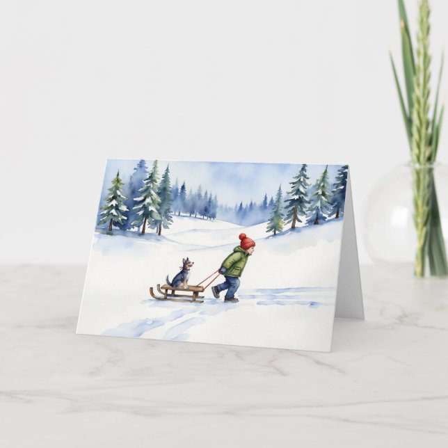 Dog Sled Watercolor Christmas Winter Card (Front)