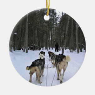 Dog Sledding in Quebec, Canada Ceramic Tree Decoration