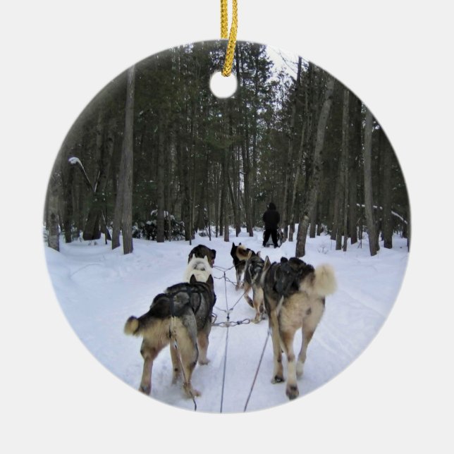 Dog Sledding in Quebec, Canada Ceramic Tree Decoration (Front)