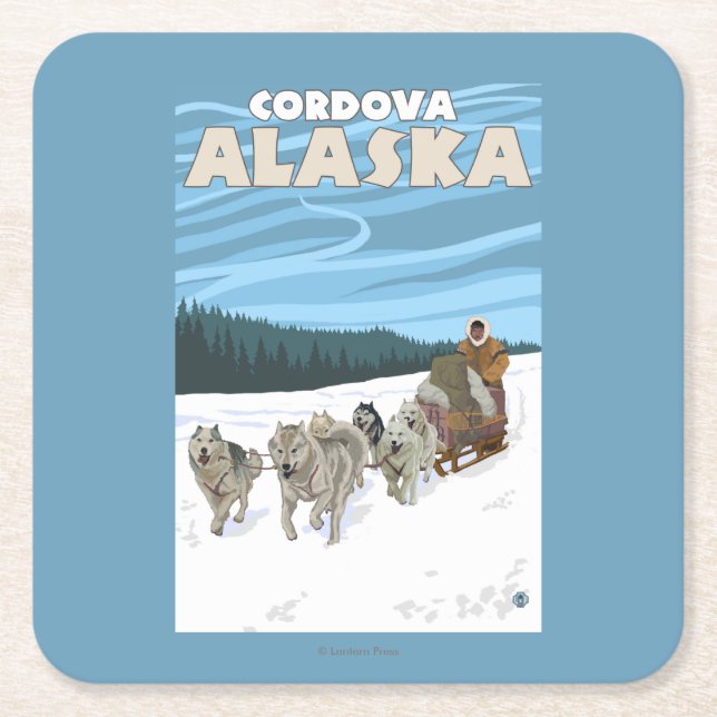 Dog Sledding Scene - Cordova, Alaska Square Paper Coaster (Front)