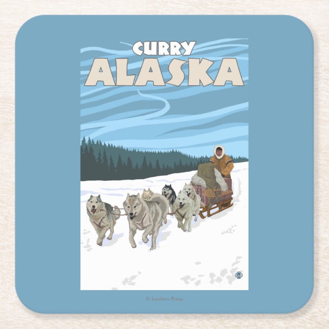 Dog Sledding Scene - Curry, Alaska Square Paper Coaster (Front)