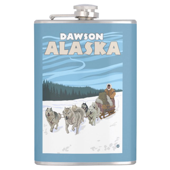Dog Sledding Scene - Dawson, Alaska Hip Flask (Front)