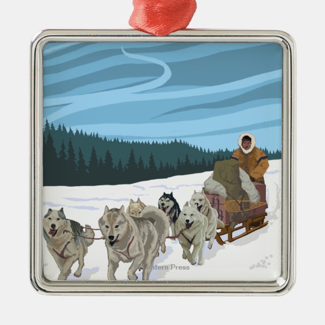 Dog Sledding Scene - Iditarod, Alaska Metal Tree Decoration (Front)