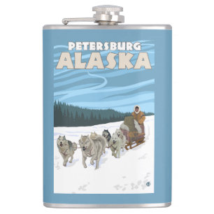 Dog Sledding Scene - Petersburg, Alaska Hip Flask