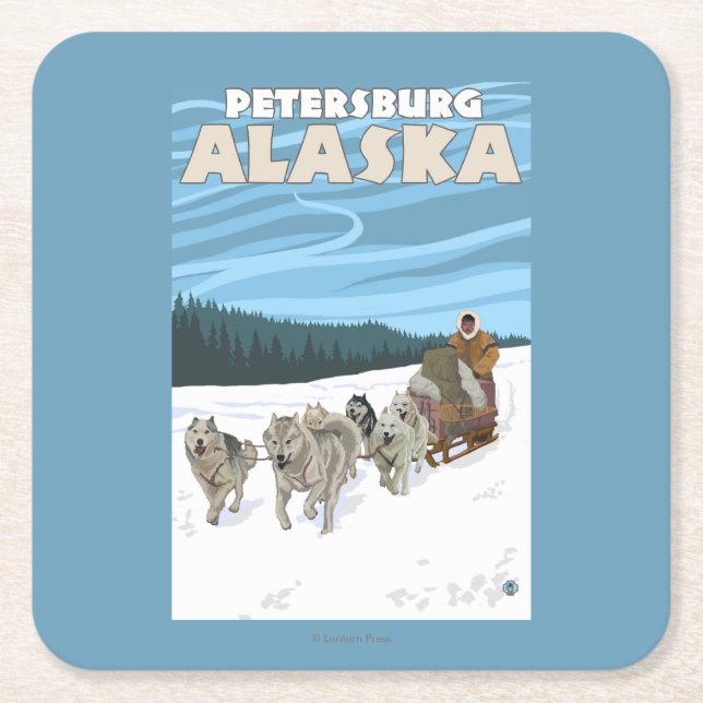 Dog Sledding Scene - Petersburg, Alaska Square Paper Coaster (Front)