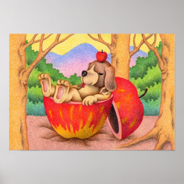 Dog sleeping in an apple bed poster (Front)