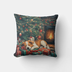 Dog sleeping peacefully under a Christmas tree Cushion