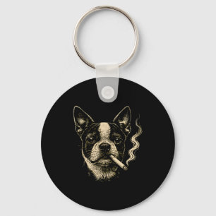 Dog Smoking Cigarette Funny Boston Terrier Meme Key Ring