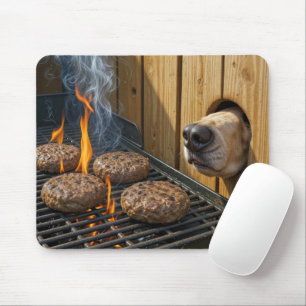 Dog Sniffing Hamburgers On a Barbecue Grill Mouse Mat