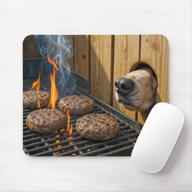 Dog Sniffing Hamburgers On a Barbecue Grill Mouse Mat (With Mouse)