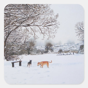 Dog snow scene landscape with trees painting square sticker