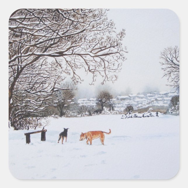Dog snow scene landscape with trees painting square sticker (Front)
