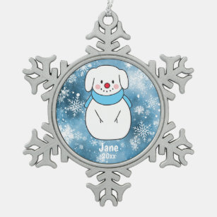 Dog Snowman with Blue Snowflake Bokeh Background Snowflake Pewter Christmas Ornament