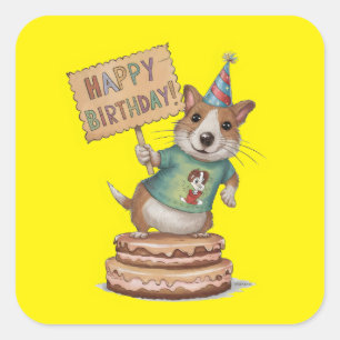 Dog standing on cake holding happy birthday sign square sticker