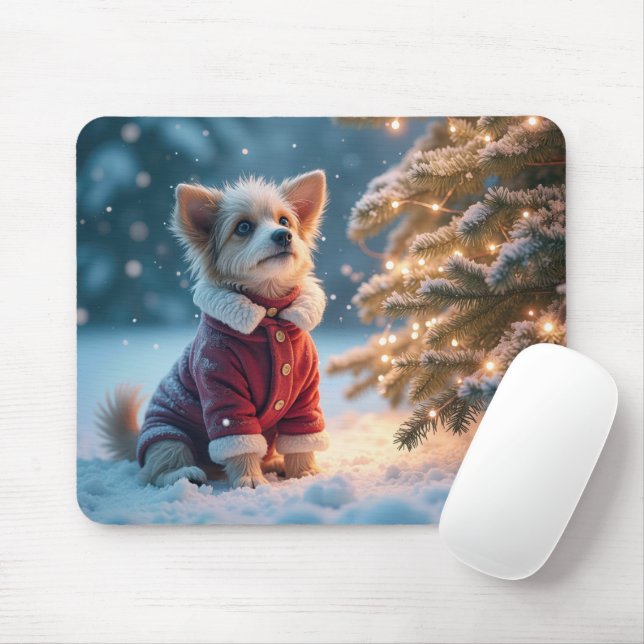 Dog Staring At Twinkling Holiday Lights Mouse Mat (With Mouse)