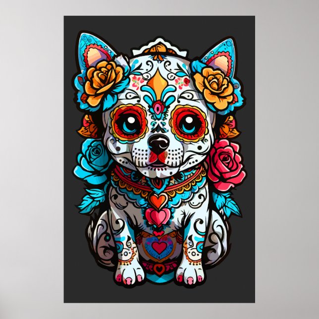 Dog Sugar Skull Halloween, Dia de los Muertos Poster (Front)